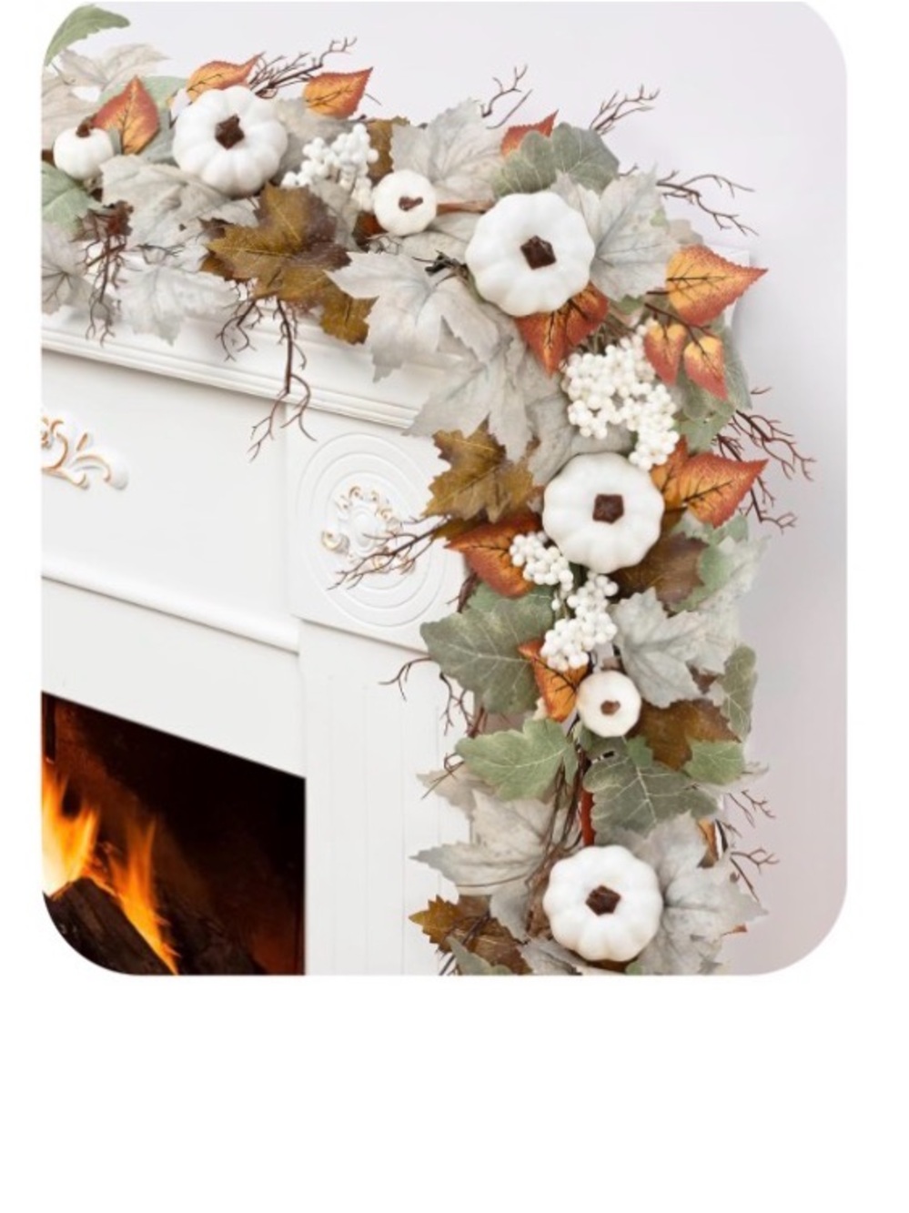 Autumn White Pumpkin Garland with Mixed Fall Leaves and Lights Brand new in box